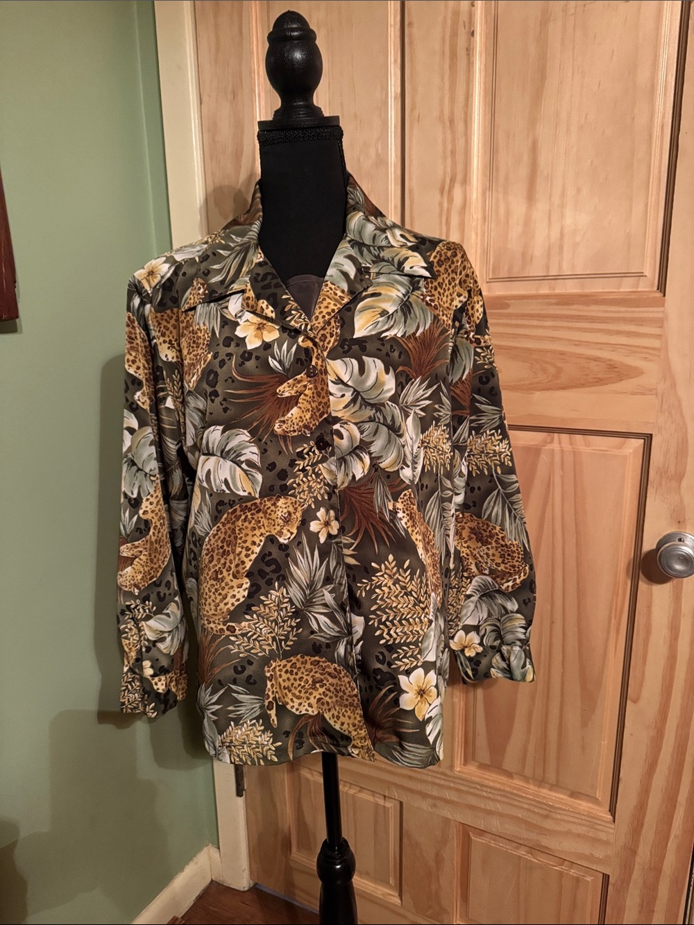 BonWorth Olive Green & Tan Animal Printed Button-Up Blouse